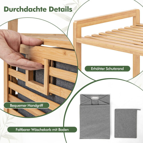 Bamboo Bathroom Shelf with Foldable Laundry Basket, 2 Shelves 2