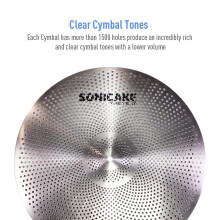 SONICAKE Low Volume Cymbal Pack Quiet Cymbal Set 14" Hi-Hat+16" Crash+18" Crash+20" Ride Cymbal Practice Set of 5pcs Silver