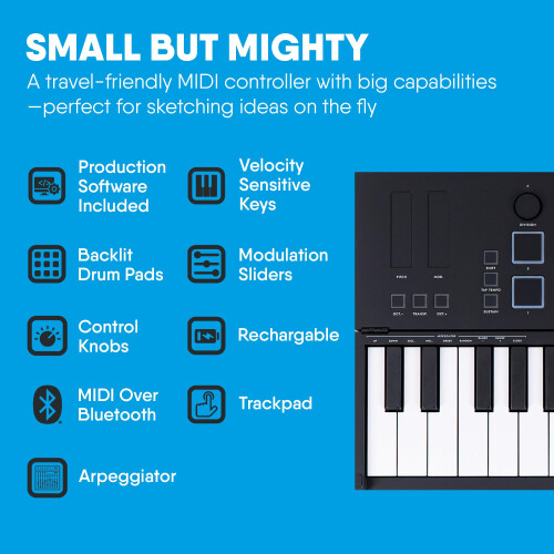 Folding MIDI Controller 25 - MIDI Over Bluetooth &USB Ultra-Portable Keyboard Controller - Built-In Battery for Professional Music Production - Compa 2