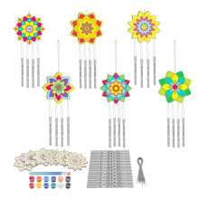 12 Sets Flower Wind Chimes  for Kids,DIY Windchime Unfinished Wood Coloring Kit for Gifts and School Party Supplies