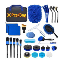 30Pcs Car Cleaning Kit - Brush Set & Cleaning Kit, Interior/Exterior Tools for Wheels & Windshield - Portable Handbag