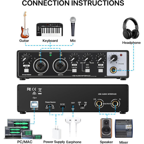 USB Audio Interface for PC,Computer Audio Interface for Recording Music 24Bit/196kHz, Portable Interfaz de Audio Mixer for Studio, Beginner Friendly 1