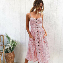 (Pink, M) Women's Sexy Casual Spaghetti Strap Floral Button Swing Midi Dress with Pockets