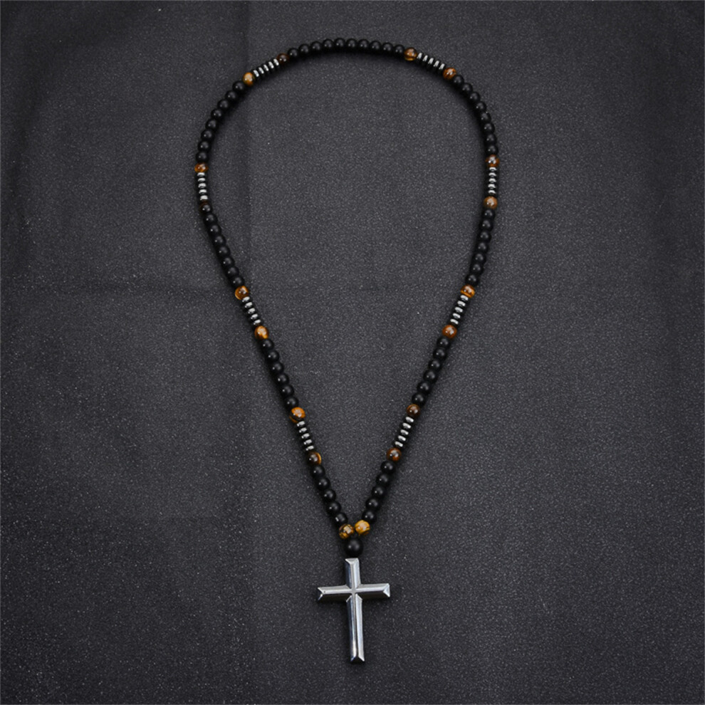 Natural Obsidian Tiger Eye Hematite Beaded Cross Charm Christian Healing Necklace