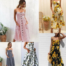 (Dark blue, XL) Women's Sexy Casual Spaghetti Strap Floral Button Swing Midi Dress with Pockets