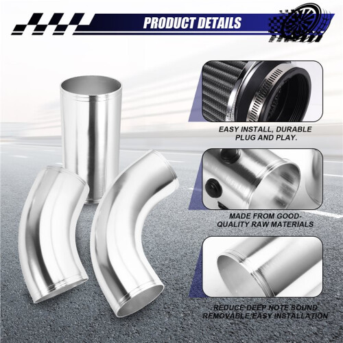 76mm 3" Universal Car Cold Air Intake System with Air Filter Auto Aluminium Intake Pipe Hose Modification Kits Silver 2