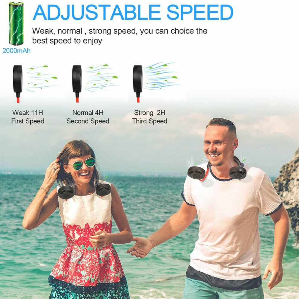 (Black) Portable Bladeless Neckband Hands-Free Mini Usb Rechargeable Dual-Headed Fan Black 123643778393