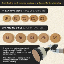 Woodturning Bowl Sander Tool Kit - 1" & 2" Hook & Loop Backing Pads, 50 Sanding Discs (60 to 320 Grit), Dual Bearing