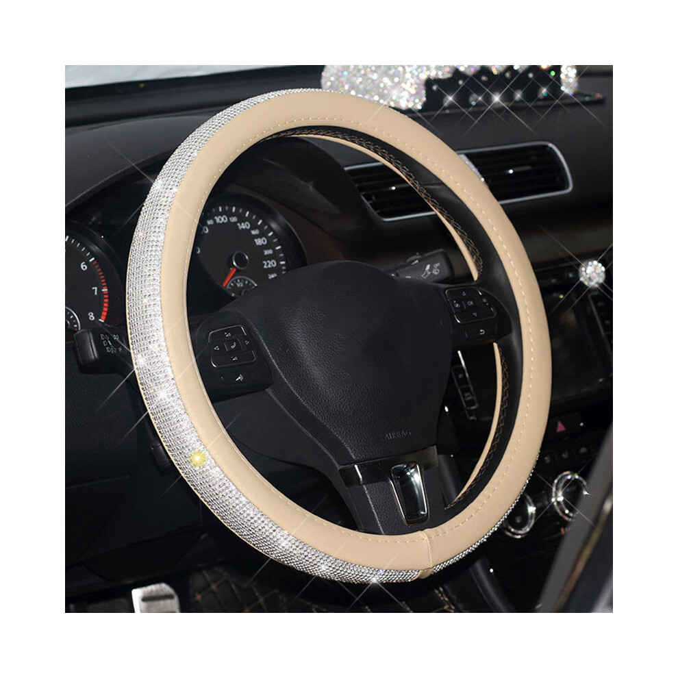 (Beige) Universal Fashion Shiny Rhinestone Leather Car Steering Wheel Cover Wrap Beige 110691625366
