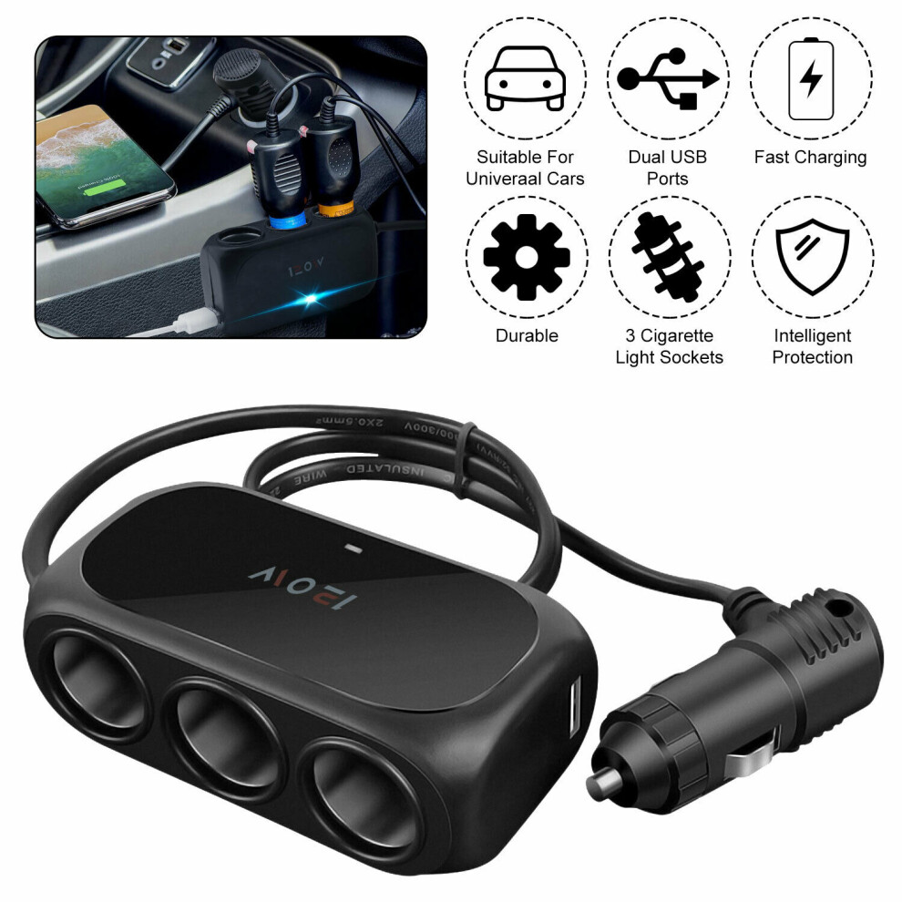 (Black) 3Way Car Cigarette Lighter Socket Splitter Dual Usb Charger Power Adapter 12-24V Black 110691630667