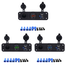 (green) 12V Dual USB Charger Socket with LED Voltmeter - 3-Hole Panel Mount for Car, Boat & Marine Use