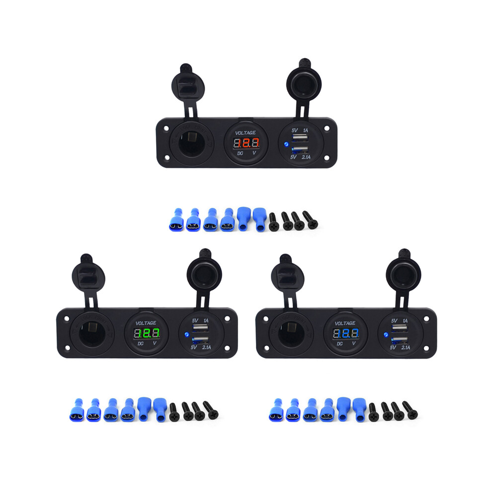 (Green) 12V Dual Usb Charger Socket & Led Voltmeter 3 Hole Panel Outlet Car Boat Marine Green 110691631732