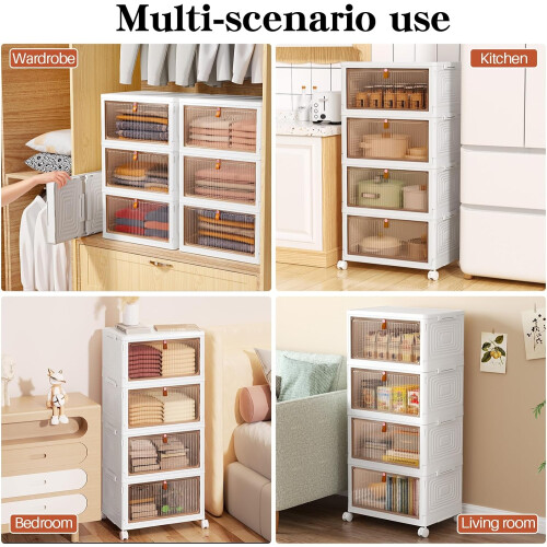 Storage Boxes with Lid - 23L*4 Tier Plastic Storage Box with Lid, Stackable Boxes with Wheels, Storage Drawers with Front Door 1