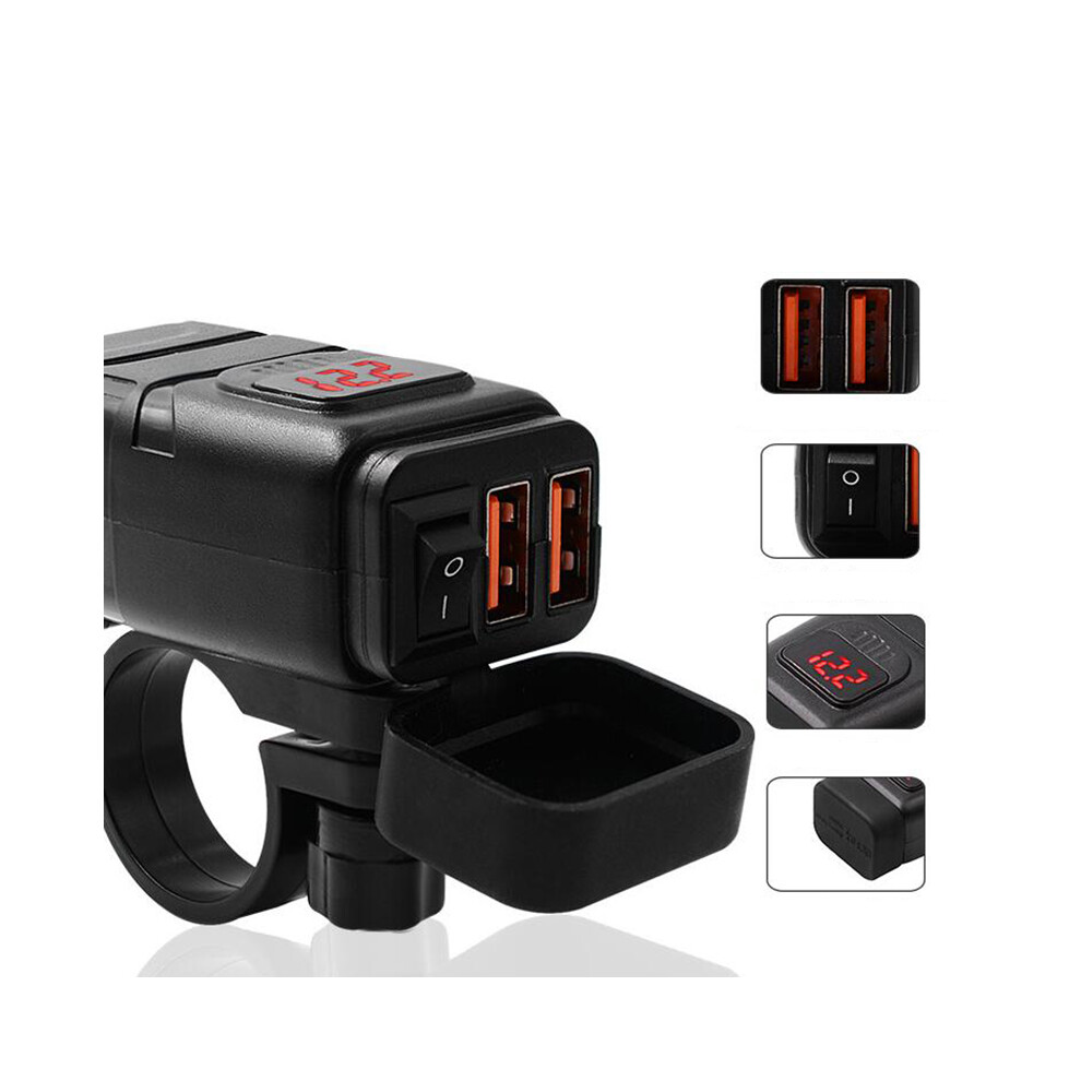 Motorcycle Handlebar Dual Usb Qc 3.0 Phone Charger With Digital Voltmeter Red 110691650092
