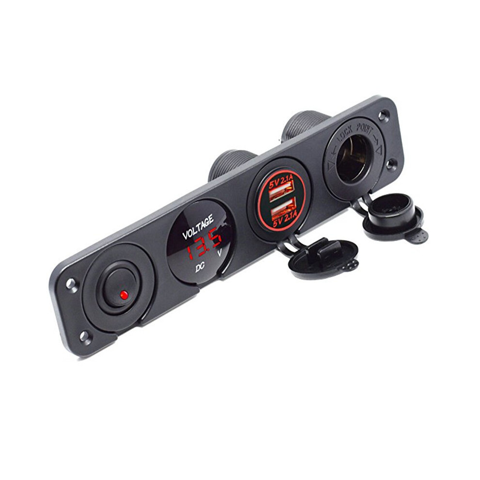 (red) 4-Hole Panel Switch with Dual USB Car Charger, Voltmeter & Cigarette Socket