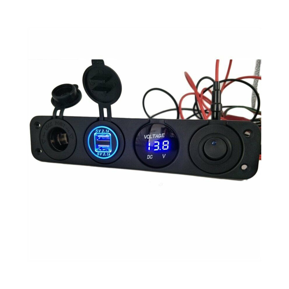 (Blue) 4 Hole Panel Switch Dual Usb Car Charger Voltmeter Cigarette Socket Blue 110691631763