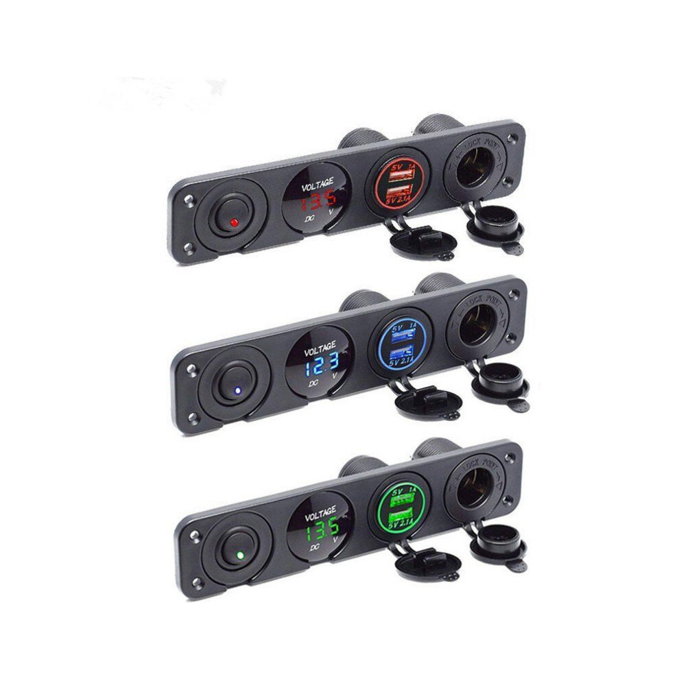 (green) 4-Hole Panel Switch with Dual USB Car Charger, Voltmeter & Cigarette Socket
