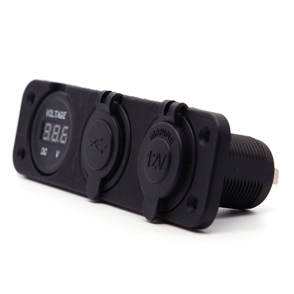 (Blue) 12V Dual Usb Charger Socket & Led Voltmeter 3 Hole Panel Outlet Car Boat Marine Blue 110691631725