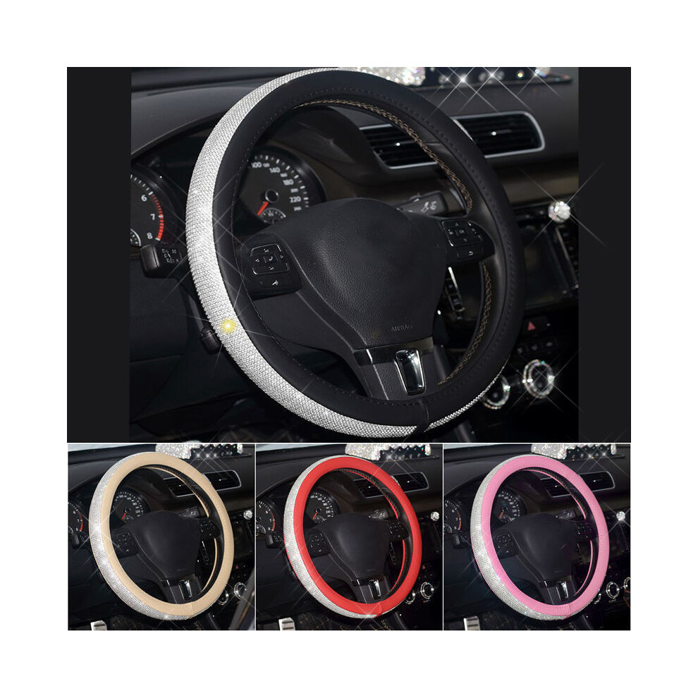 (Pink) Universal Fashion Shiny Rhinestone Leather Car Steering Wheel Cover Wrap Pink 110691625373