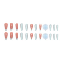 (One Size, Blue) Halloween Press on Nails 24Pcs Long Fake Nails Glue On Coffin Nails with Rhinestone Fluffy Ball Design