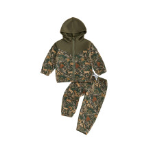 (18-24 Months, Brown) Kids Boys 2-piece Outfit, Camouflage/Leaves Print Long Sleeve Hooded Jacket with Elastic Waist Pants Fall Outfit
