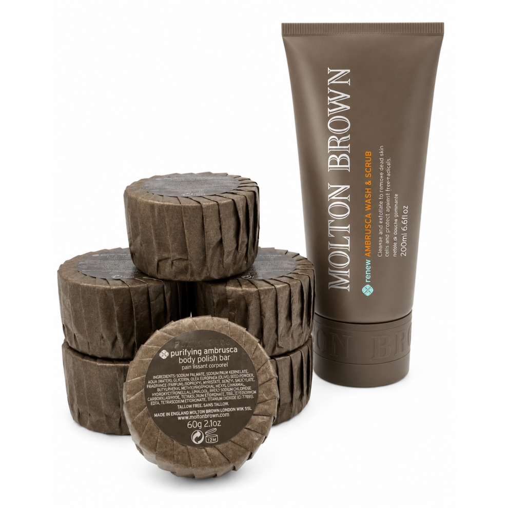 Molton Brown Renew Ambrusca Body Wash & Scrub 200ml & Body Polish Bar 6x 60g Set