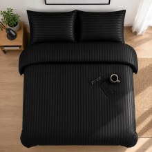 (Black, King) Luxury Duvet Set Stripe Duvet Quilt Cover Bedding Set with Pillowcases