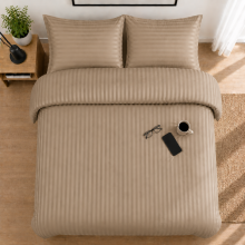 (Beige, King) Luxury Duvet Set Stripe Duvet Quilt Cover Bedding Set with Pillowcases