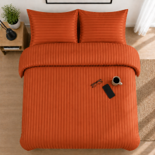 (Rust, King) Luxury Duvet Set Stripe Duvet Quilt Cover Bedding Set with Pillowcases
