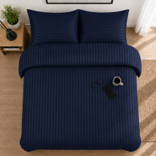 (Navy Blue, Super King) Luxury Duvet Set Stripe Duvet Quilt Cover Bedding Set with Pillowcases