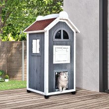 Veelzijdig kattenhuis van vurenhout, te gebruiken als slaap- of kattenbak.