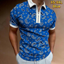(S, red) Casual Lapel T-shirt Young Men's Fashion Zipper T-shirt Short Sleeve T-shirt Men's 3D Red Pattern Print T Shirt