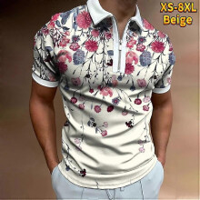 (5XL, black) Casual Lapel T-shirt Young Men's Fashion Zipper T-shirt Short Sleeve T-shirt Men's 3D Blue Flower Print T Shirt