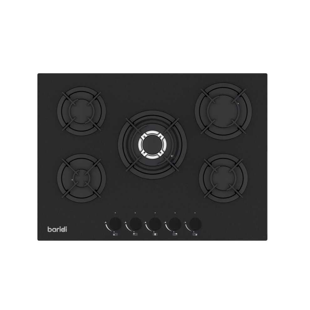 Baridi 70Cm Built-In Matt Black Gas Hob, 5 Burners, Cast Iron Supports
