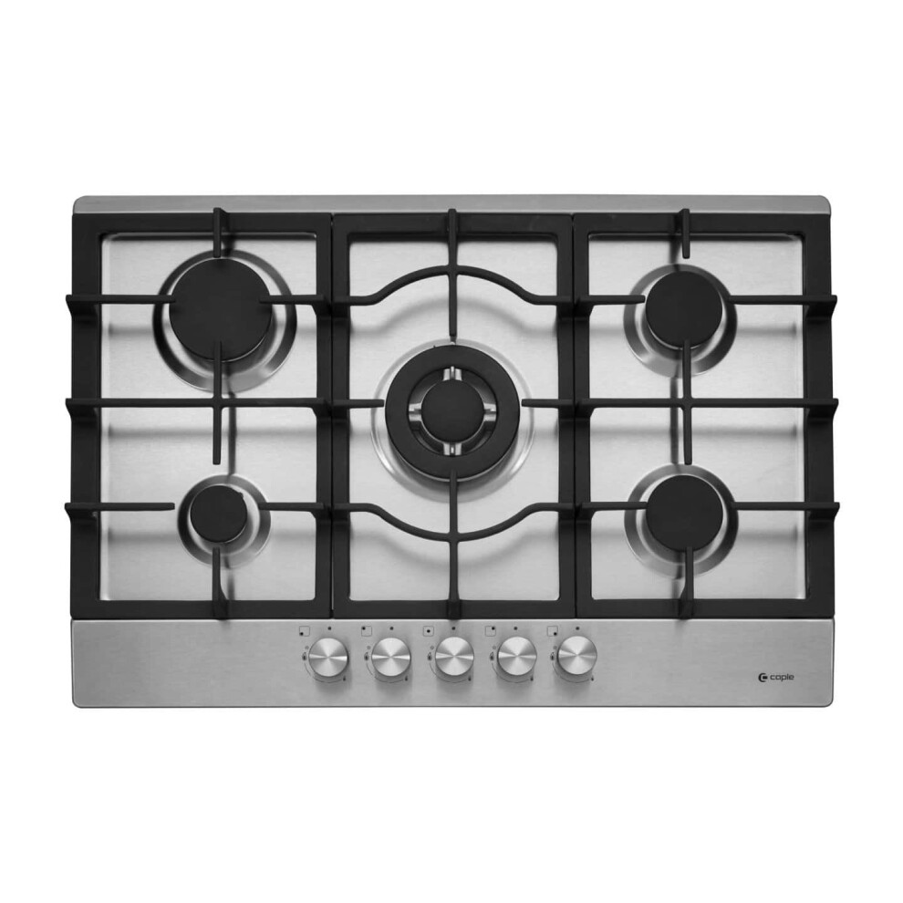 C768G 75cm Gas Hob – 5 Burner Black Glass Hob with Cast Iron Pan Suppo