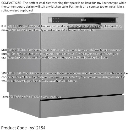 Loops Silver Worktop Dishwasher - 8 Place Settings - Portable Tabletop Dish 1