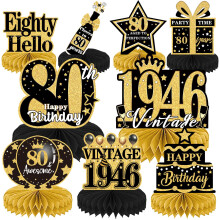 Luvart 80th Birthday Decorations - 9pcs Black and Gold Table Decoratio