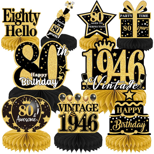 Luvart 80th Birthday Decorations - 9pcs Black and Gold Table Decoratio
