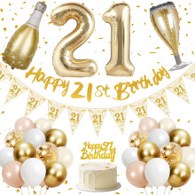 21st Birthday Decorations for Her, Happy 21st Birthday Banner, 40 inches 21 Foil Balloons, Gold, Pink, White and Confetti Balloons, 21st Party Decora