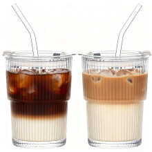Tel Charme * 2 Pack 400ml Glass Tumbler with Lids and Straws