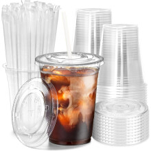 KAHEIGN 50Pcs Clear Plastic Cups with Lids and Paper Straws