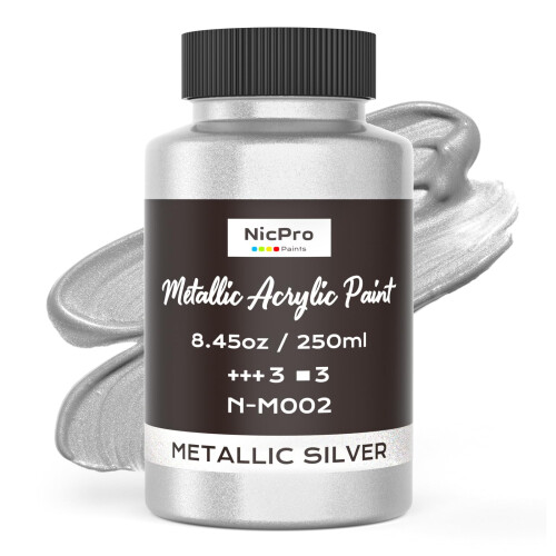 Nicpro Metallic Silver Acrylic Paint - 8.45oz/250ml Silver Leaf Paint