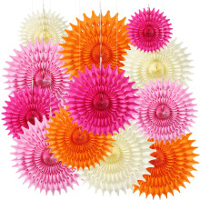 BestoFun 12PCS Paper Fans Hot Pink and Orange Party Decorations Tissue