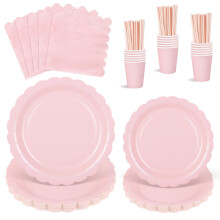 125 Pcs Pink Paper Plates and Napkins, Light Pink Party Supplies Include Scalloped Plate Napkins Cups Paper Straws for Baby Shower, Wedding, Birthday