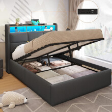 DICTAC Small Double Ottoman Bed Frame with Hydraulic Storage, Charging Station and Led Lights 4ft Upholstered Platform Bed Frame with Storage Headboar