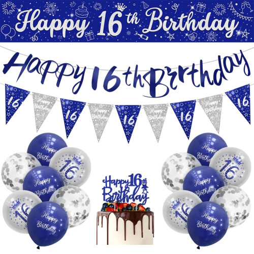 Boys 16th Birthday Decorations Blue Silver 16th Birthday Party