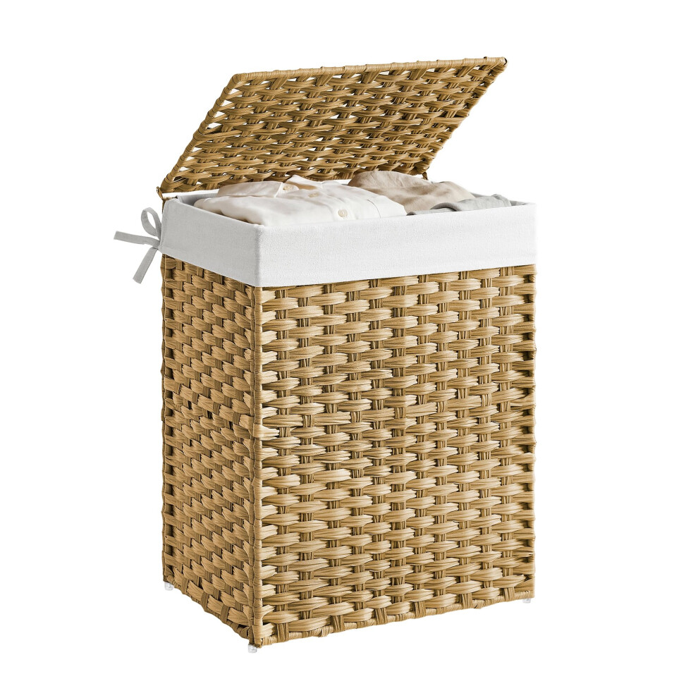 Songmics Laundry Basket, 90L Synthetic Rattan Storage Basket With Lid And Handles, Wicker, Foldable, Removable Liners, For Blankets, Clothes, Living