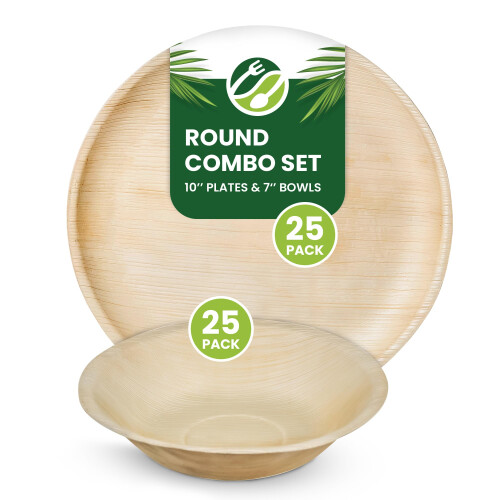 Eco Leaf 50pcs Disposable Palm Leaf Plates and Bowls Combo Set