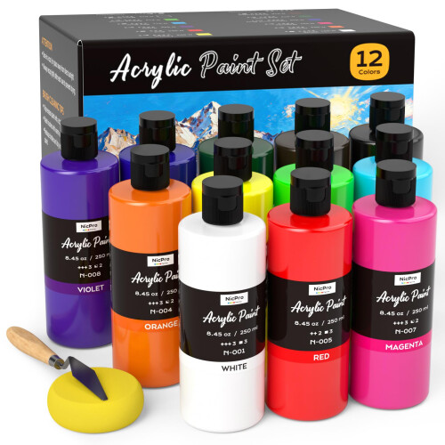 Nicpro 12 Colors Large Bulk Acrylic Paint Set (8.45 oz