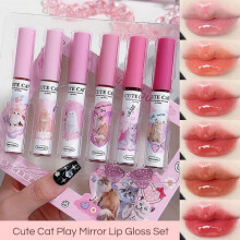 (matches the image) 6Pcs/set Cute Cat Mirror Lip Glaze 6 Colors Lip Gloss Highly Pigmented Lip Stain Hydrating Glossy Lip Makeup Lipstick